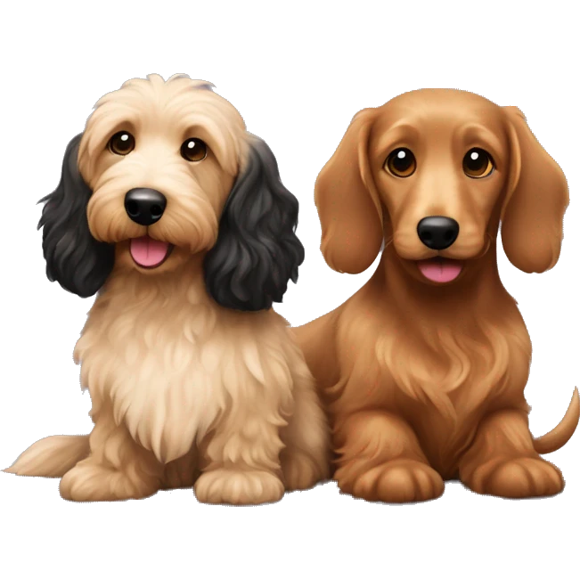 Brown golden doodle and black and tan and cream longhair dachshund sitting together  emoji