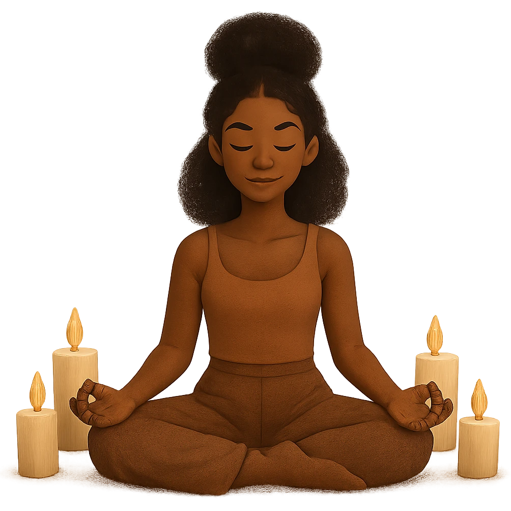 self care aesthetic, black girl with brown skin, meditating with candles, peaceful and calm vibe emoji