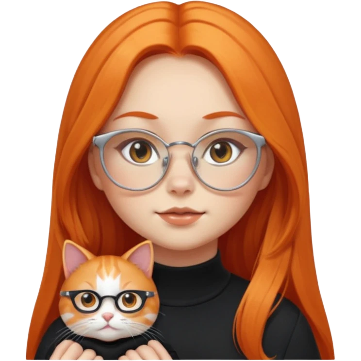 girl with chubby cheeks, very long orange hair, and silver cat-eye glasses. Black clothes emoji