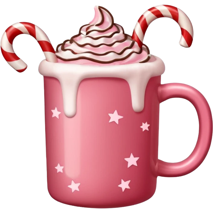 hot chocolate in red and pink pastel christmas mug with stars and candy cane, trendy aesthetic emoji