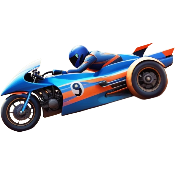 A sleek racing car and motorcycle speeding on a track, leaving a trail of dust behind. The scene captures the thrill of high-speed competition, with blurred motion and vibrant colors, highlighting the dynamic energy of motorsport. emoji
