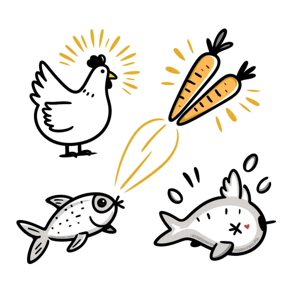 Ethereal magical image of glowing chicken, luminous fish, and radiant carrots with golden beams connecting them to a healthy eye, glowing skin and a shimmering immune shield emoji
