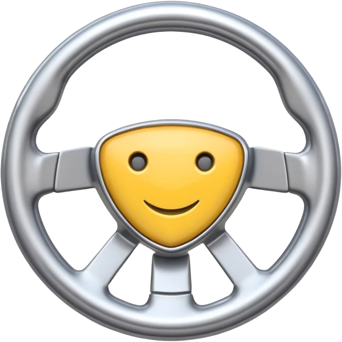 A futuristic steering wheel emoji made of silver chrome, minimal geometric design, smooth metallic surface, soft reflections, iOS emoji style, centered, clean white background emoji
