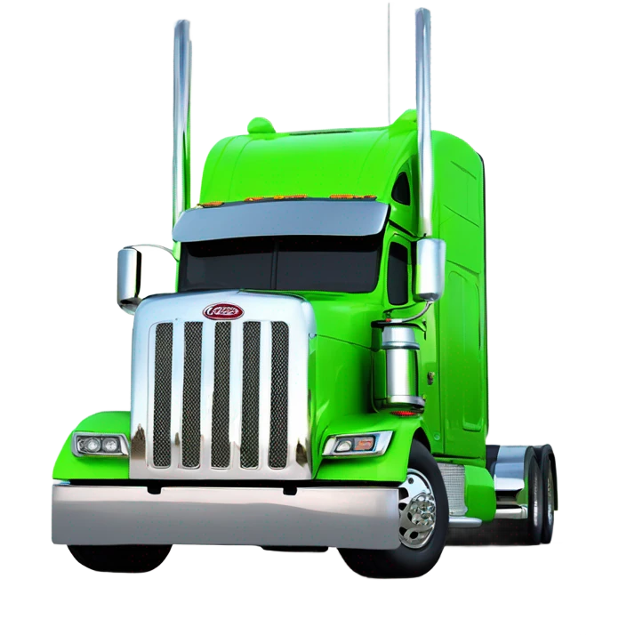 neon green peterbilt semi truck lowered on the ground with large chrome wheels and chrome smoke stacks profile view emoji
