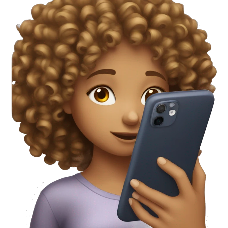 a curly haired girl looking down at the phone in her hand emoji