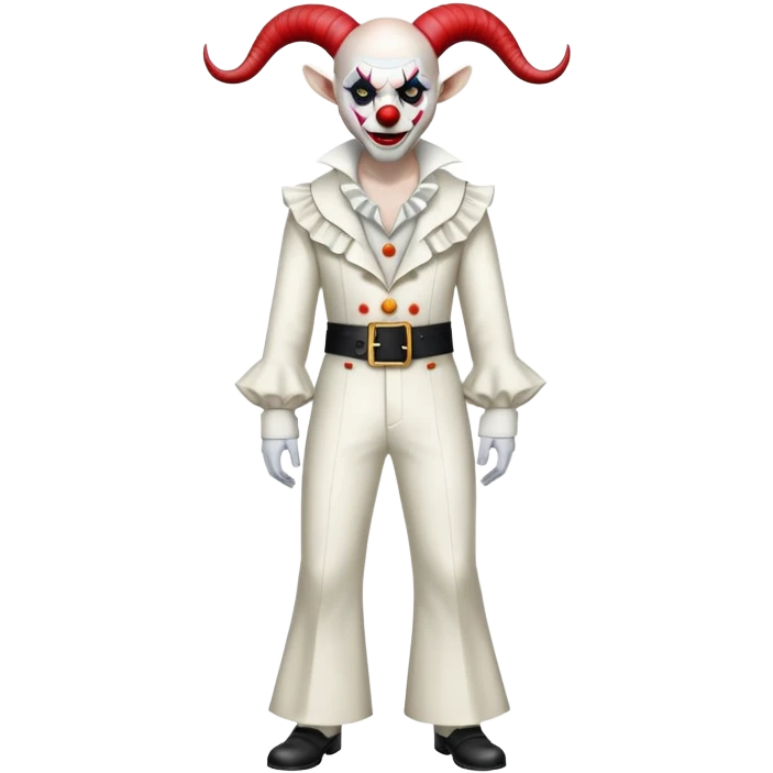full-body demonic clown in a white leisure suit with bellbottom pants, bald, with black ram horns, flashy belt, ruffled shirt, no neck tie emoji