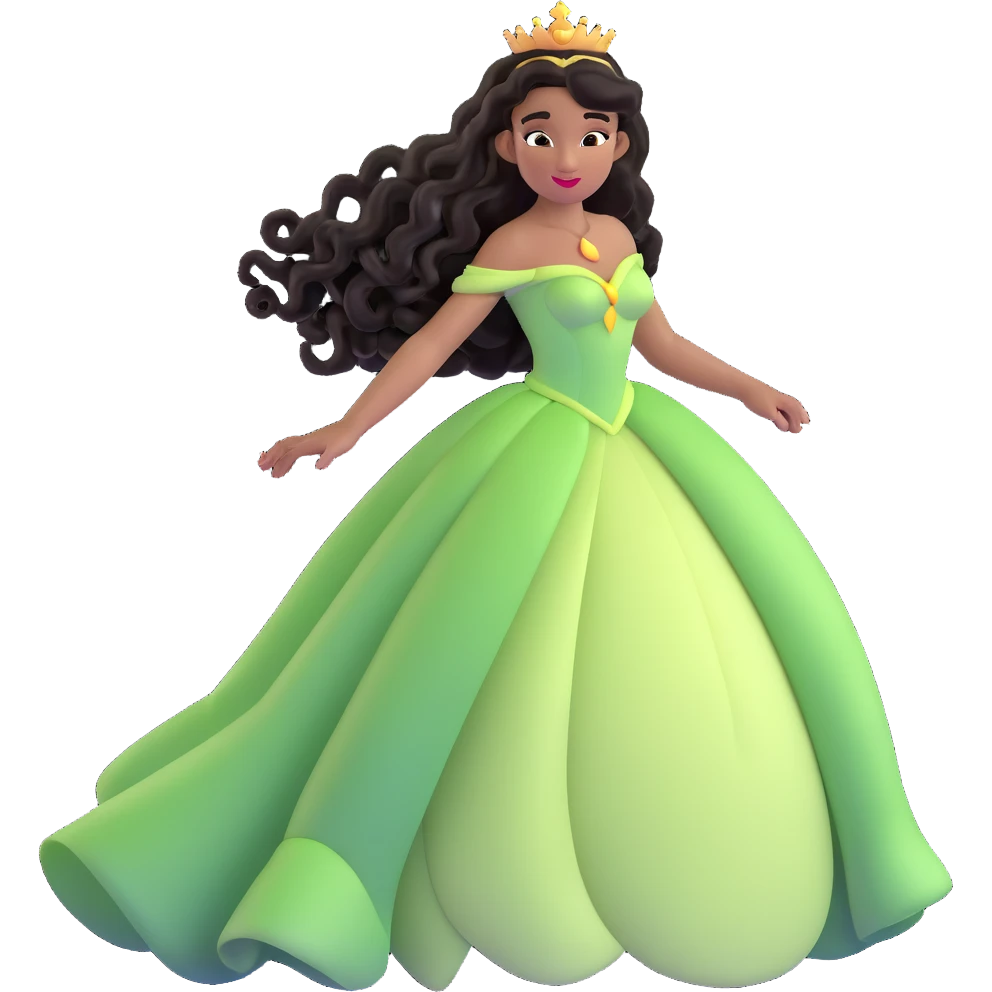 Disney Princess Tiana with extremely long black curly hair flowing down, 2c-3b curl pattern emoji