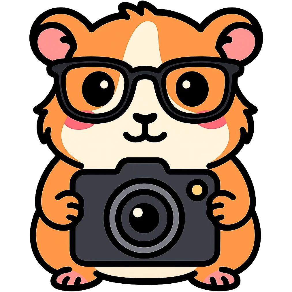 Make the guinea pig match the original reference: same face and glasses style, but holding a camera for a camera app, in a cute, outlined, colorful style. emoji