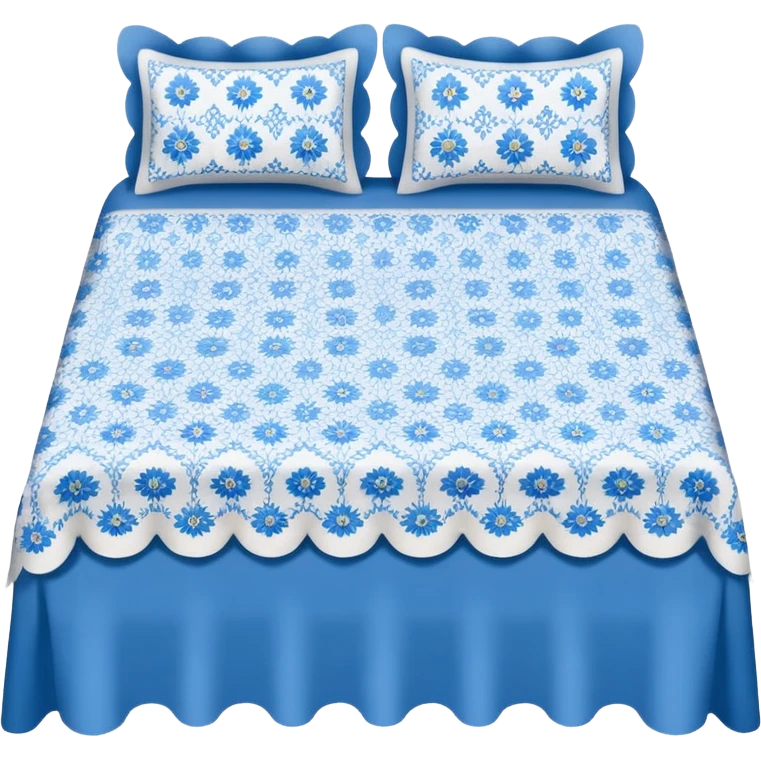 blue and white floral bed sheet with scalloped edges  emoji