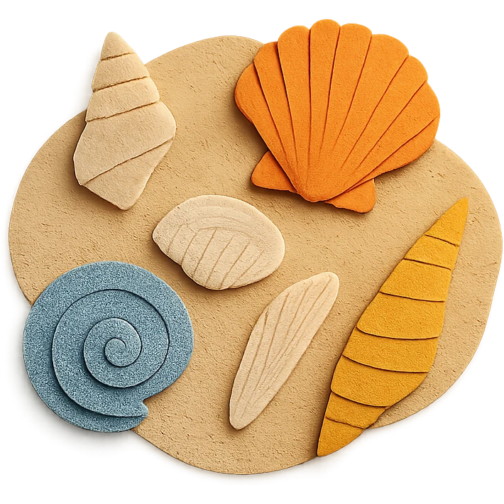 collection of different sea shells, arranged on a sandy background emoji
