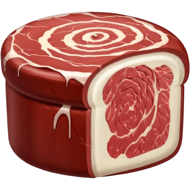 whole raw beef roast, firm cylindrical shape, deep red muscle tone, light marbling, creamy white fat layer on top or sides, smooth slightly moist surface, unseasoned, no string, tray, or extras, soft lighting, subtle shadows, emoji scale emoji