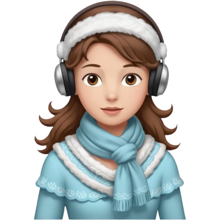 Victorian ice skater in a long dress. She is wearimg a scarf and earmuffs. She has boriwn hair. emoji