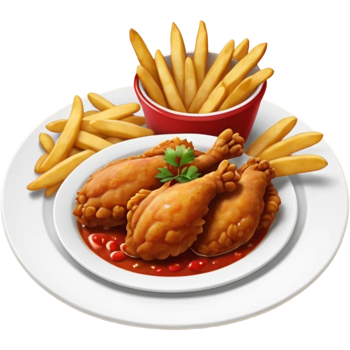 lato redondo con pollo frito en salsa roja brillante, arroz blanco y papas fritas doradas, vista desde arriba, fondo blanco, estilo simple. emoji