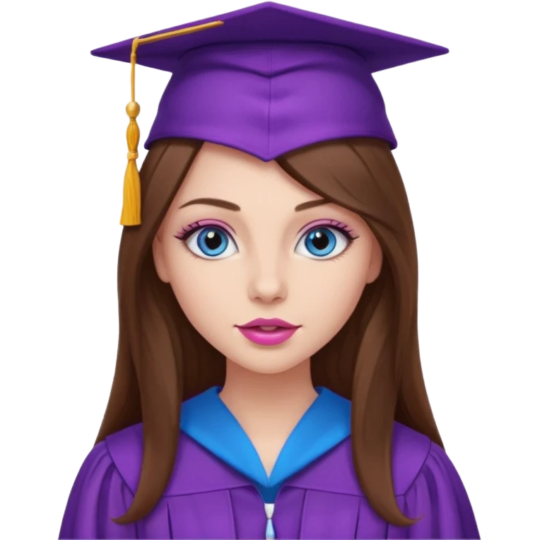 girl with beautiful very long brown hair, blue eyes, long lashes makeup, sexy pink lips, wearing a purple graduation cap and gown emoji