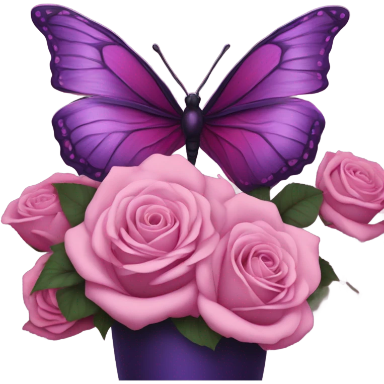 Aesthetic butterfly with purple and pink wings sitting on a dark purple bouquet of Roses in a pastel pink vase emoji