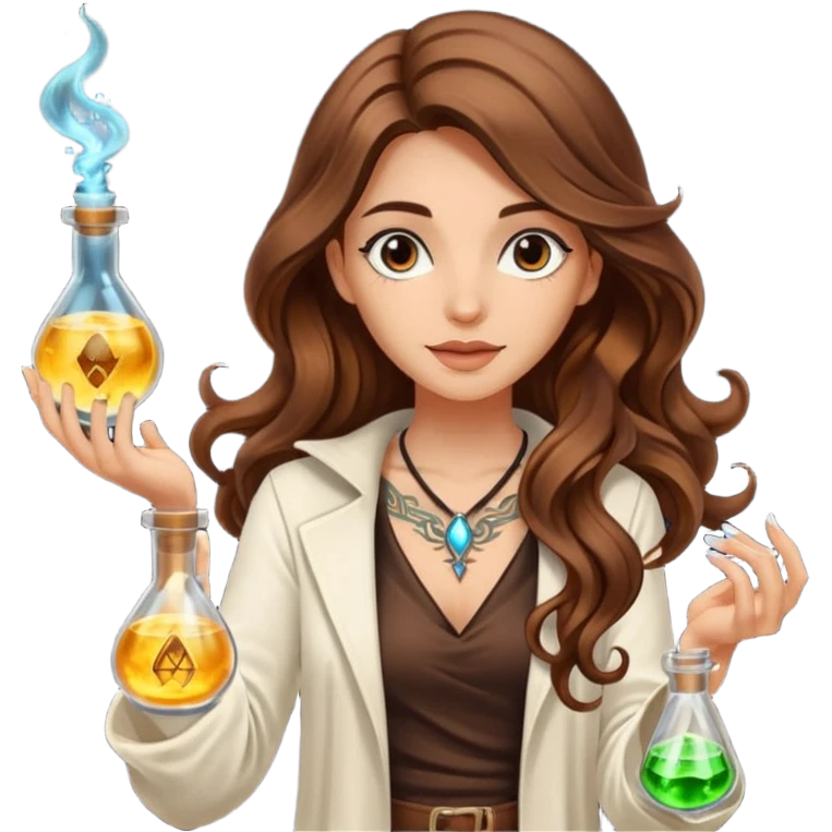 alchemist woman long wavy brown hair tattoos flipping glowing vial emoji