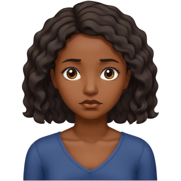 Sad face dark brown skin color black women wavy hair shoulder length small slant eyes emoji
