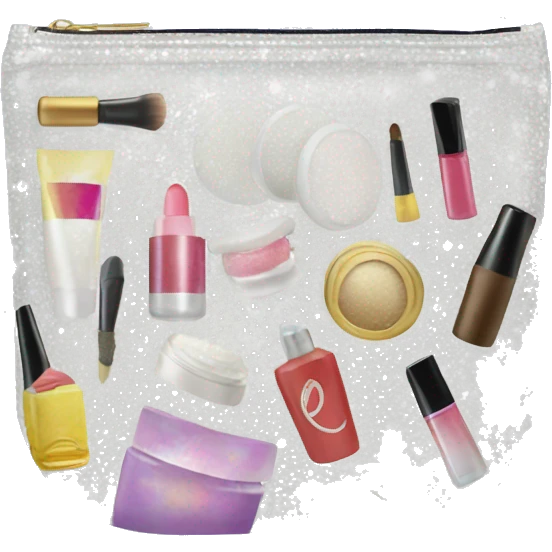 White glittery Cosmetic Bag with cosmetics emoji