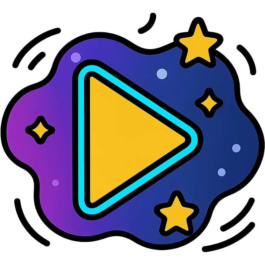 triángulo de reproducir con nebulosa púrpura y azul oscuro, estrellas brillantes, borde de neón cian o rosa, efecto animado de resplandor y movimiento galáctico emoji