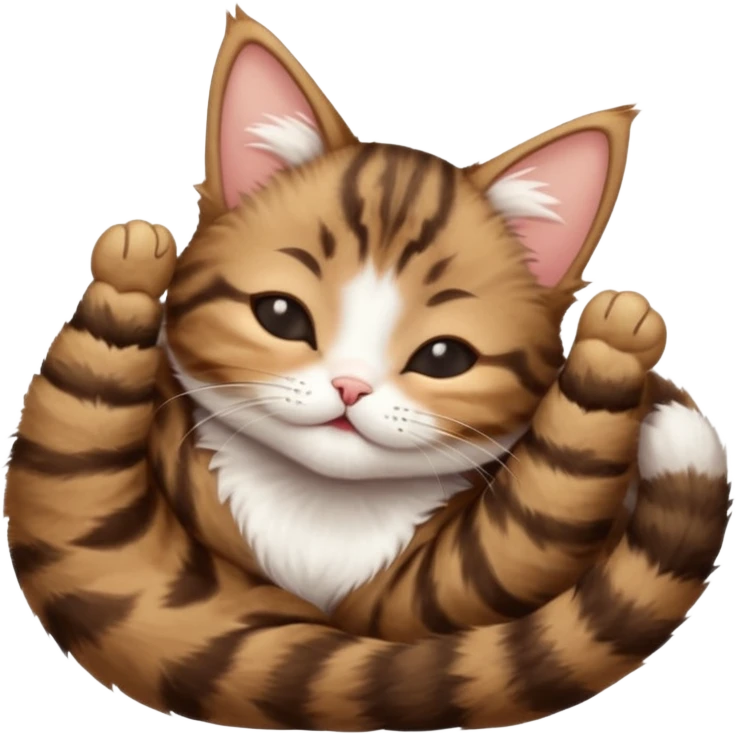 dark brown tabby and white small cat in funny positions upside down with eyes closed emoji