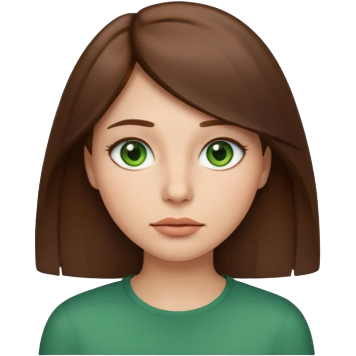 Female face emoji. Straight medium-length brown hair, fair skin, green eyes, neutral expression, closed lips, minimal makeup emoji