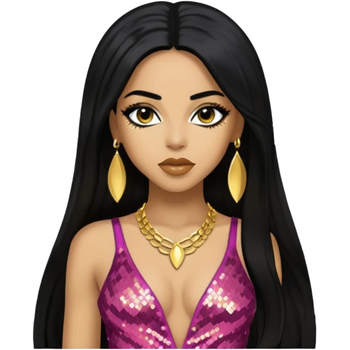 Aaliyah as Akasha with long black hair, gold sequin outfit emoji
