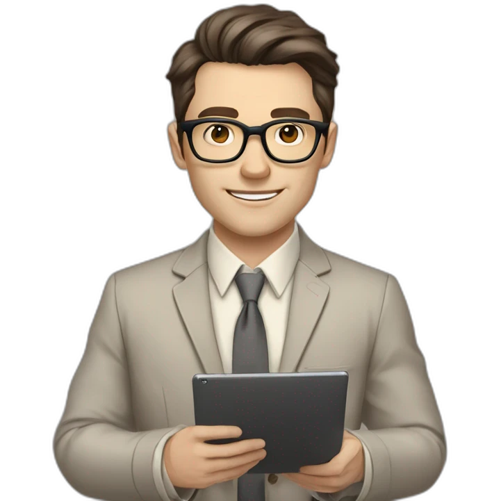 Pale skinned fit man with dark brown hair in gray jacket, beige office shirt, brown tie, brown pants and vintage glasses Writing on the tablet emoji