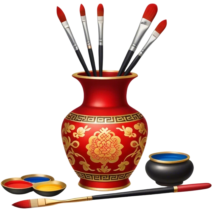 Chinese metal painting icon, delicate Chinese patterns painted on a metal vase, visible fine paintbrush, paint pots, and accessories like porcelain palette and cloth, vibrant colors like red, gold, and black, minimalistic style, clean lines, transparent background. emoji