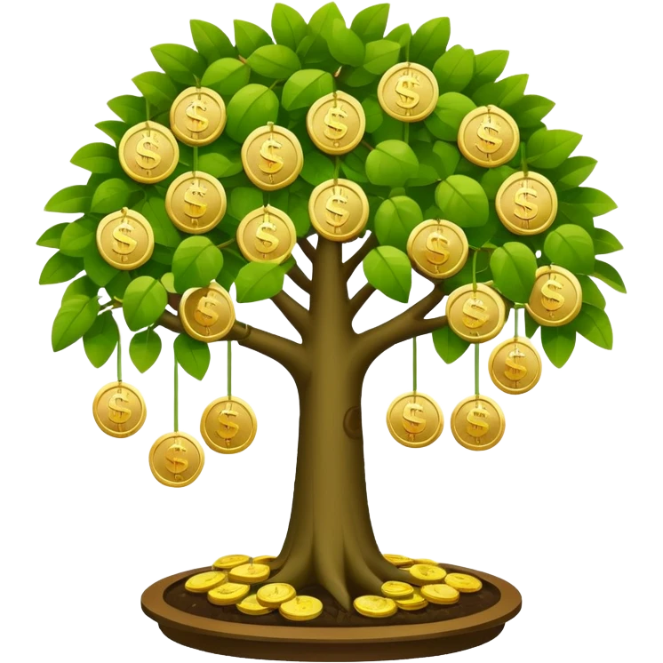 Apple-style money tree, round soft green canopy.
No pot, no ground — only the tree.
Small gold coins as fruits inside the leaves (not below).
Flat 2D vector, clean shapes, no gradients.
Dark near-black background, premium fintech icon. emoji