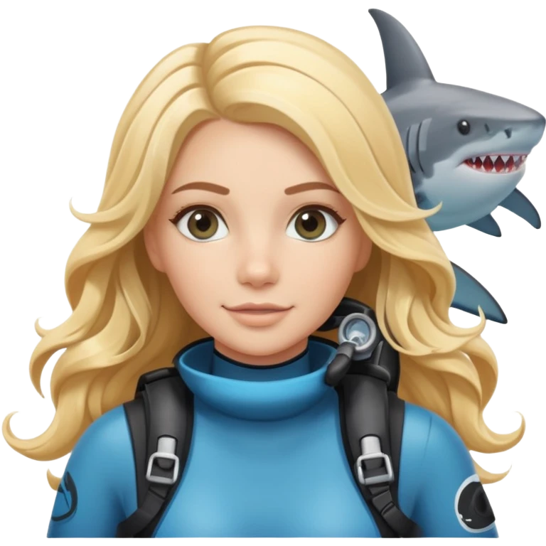 A scuba (long blonde wavy hair gray eyes) girl and a shark emoji