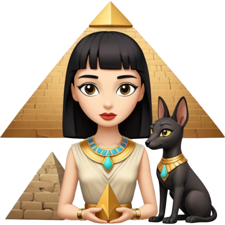 Kindly mannered Audrey Hepburn cleopatra Protecting silky black-haired tiny statuette scale feral Anubis and pyramid scenery stone-age cracked irregular dwelling  emoji