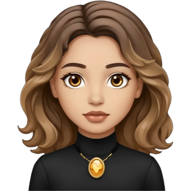 brown balayage hair long wawy (not to much curly/not afro), light skin tone, brown eyes, not too skinny, black outfit, beauty mark on  the left side of the face next to the lip

 emoji