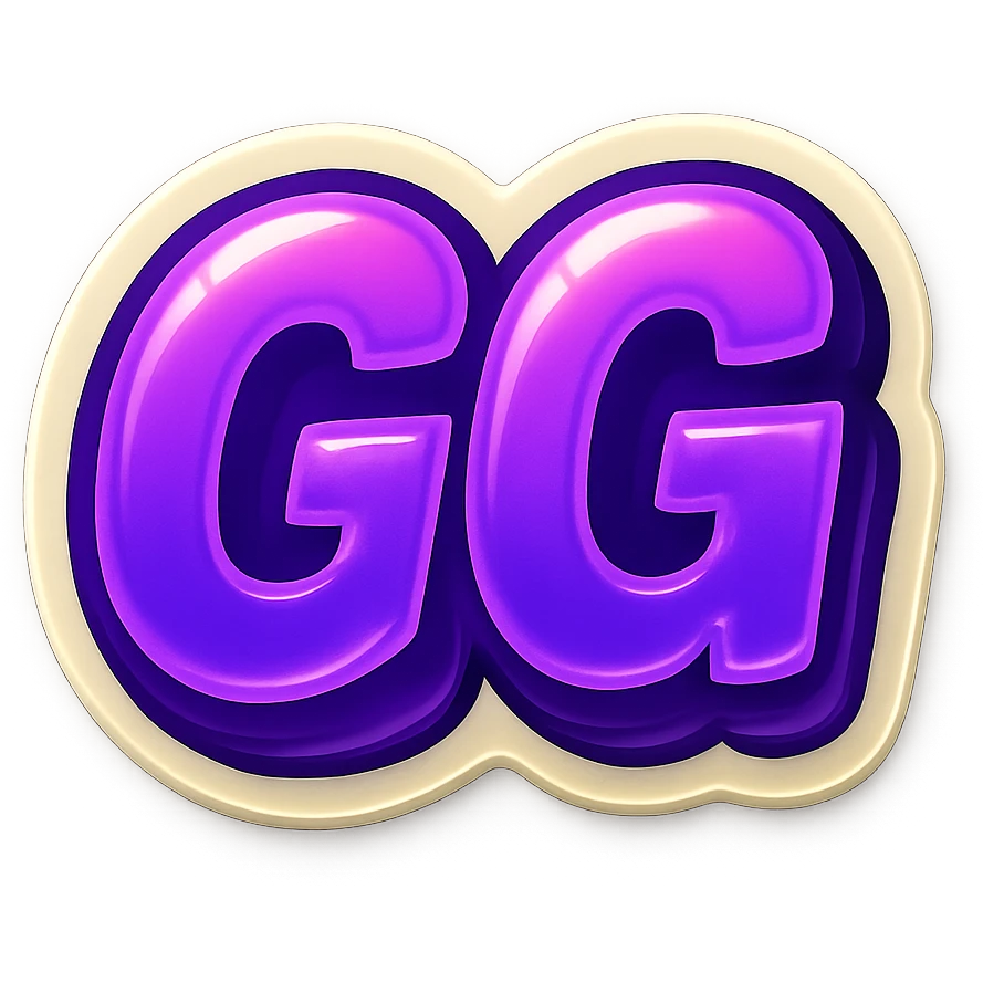 A gamer slang emote with the text 'GG', neon purple theme, compact and expressive emoji