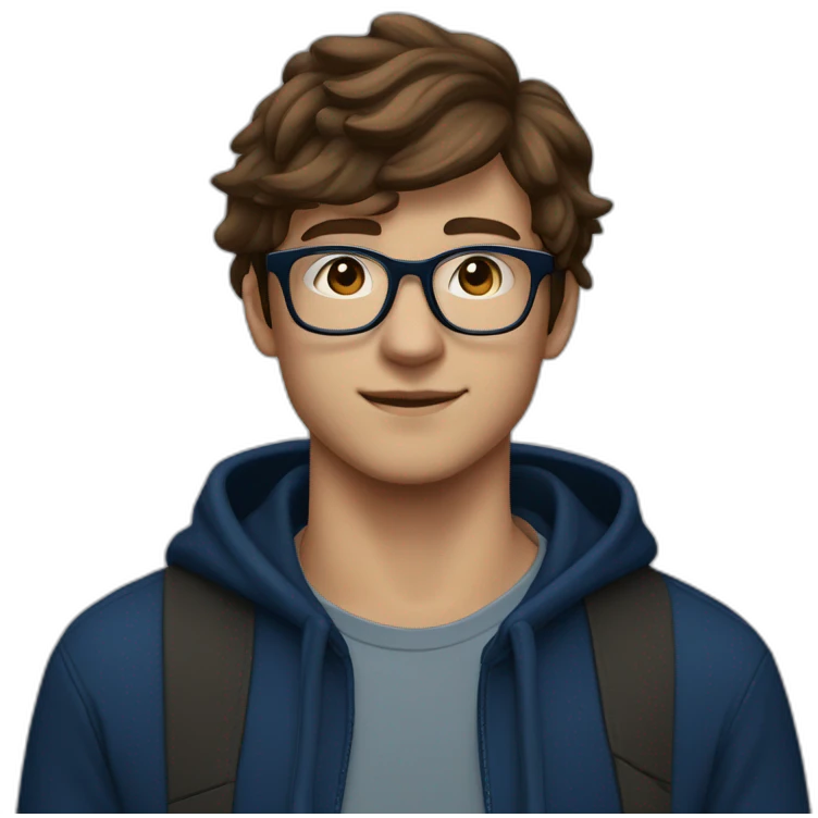 A 20-year-old man with a dark blue hoodie, brown hair and rectangular black glasses ￼ emoji