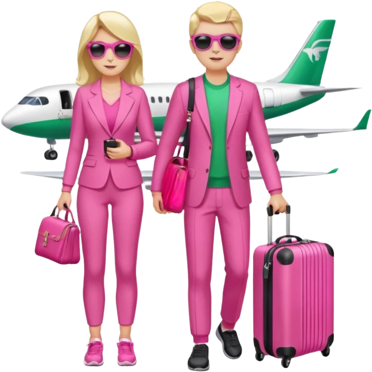 Девушка и мужчина вдвоем стоят в аэропорту с чемоданами. На фоне самолет в и табло с рейсами. Девушка в спортивном розовом , мужчина тоже в спортивном зеленом . Девушка держит дамскую сумку розовую. Мужчина держит фотоаппарат в руке и на нем солнцезащитные очки черного цвета  emoji