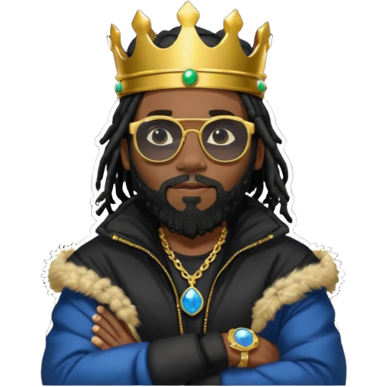 African American man with shoulder length black dreadlocks with black beard wearing  dark black sunglasses with a black bubble winter coat wearing a crown with arms folded on chest emoji