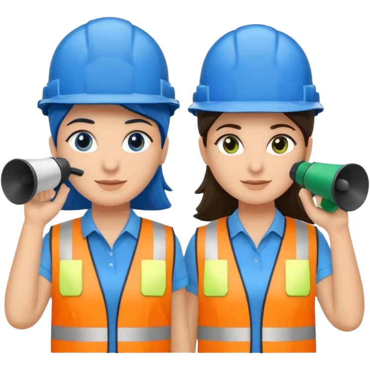Duas pessoas com capacete de obras azul e um megafone na mão e camisa social cinza com faixas reflexivas verdes nos braços. Deve ser um homem e uma mulher. Os dois capacetes devem será azul escuro. emoji