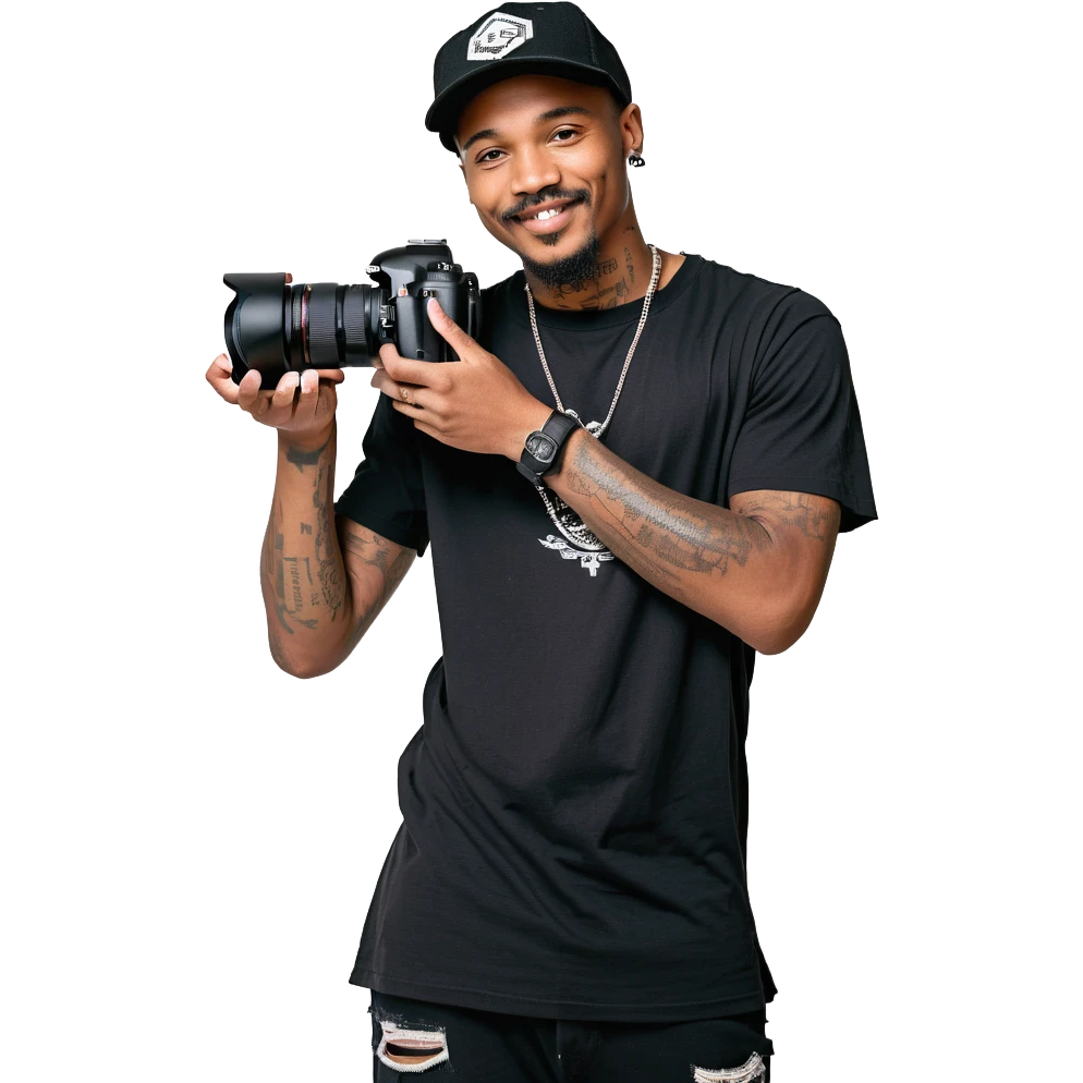 A young, black, South African, male cinematographer dressed in a black round neck t-shirt, black pants and black baseball cap holding a mirrorless dslr camera in one hand. Dark brown eyes. Bright white smile. Minimal facial hair — a small moustache connected to a goatee. Arms covered in tattoos. emoji
