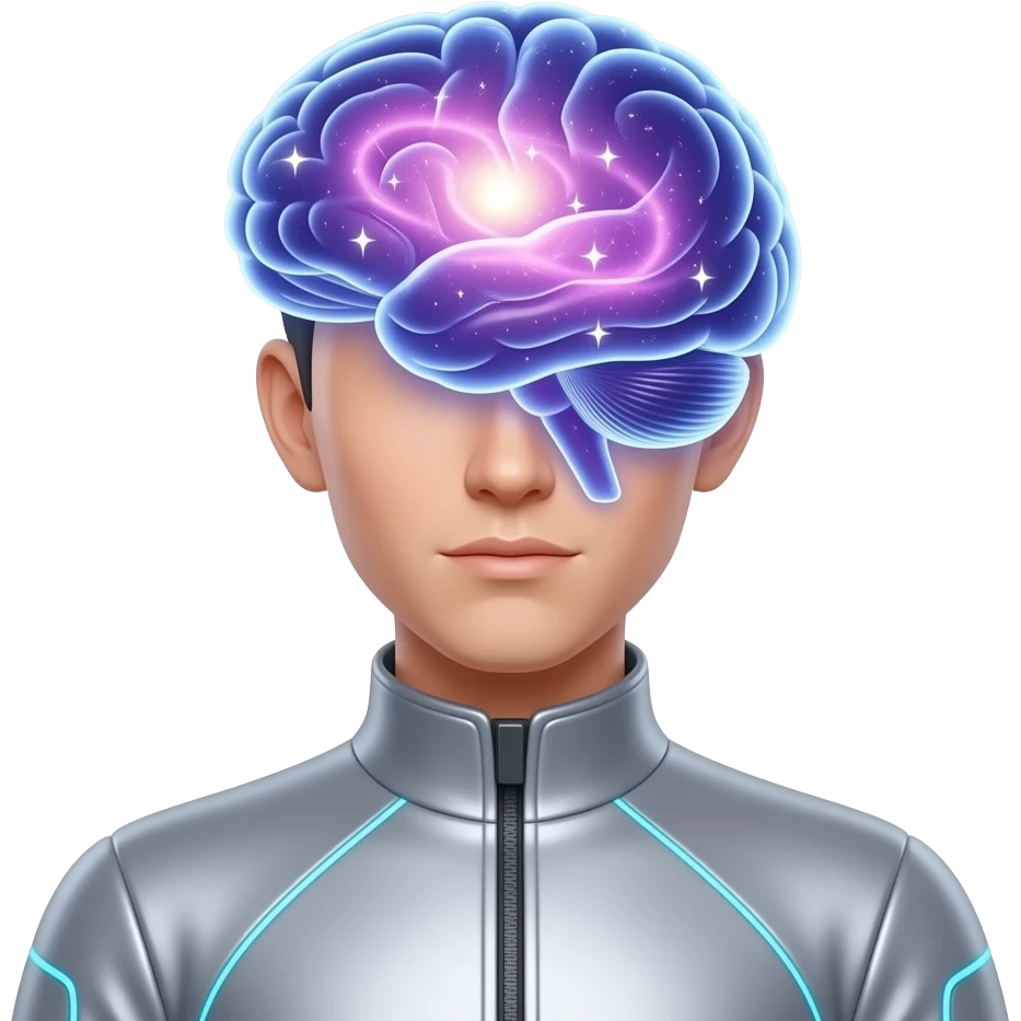 humain with  purple brain shaped like a mini galaxy, glowing neural connections, tiny stars and sparkles inside, futuristic and cute, transparent background emoji