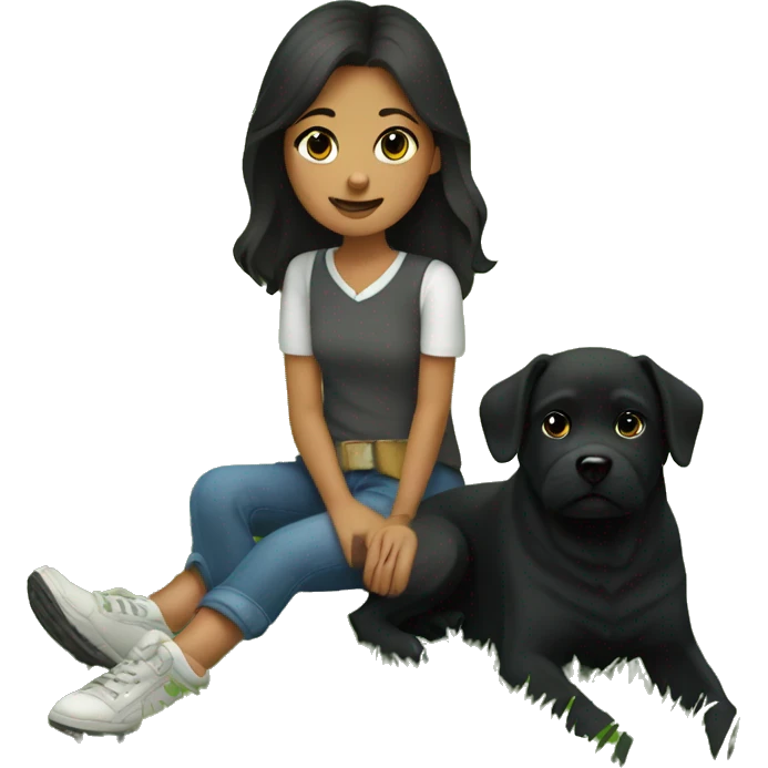 Bruenette girl sitting in grass with a black dog emoji