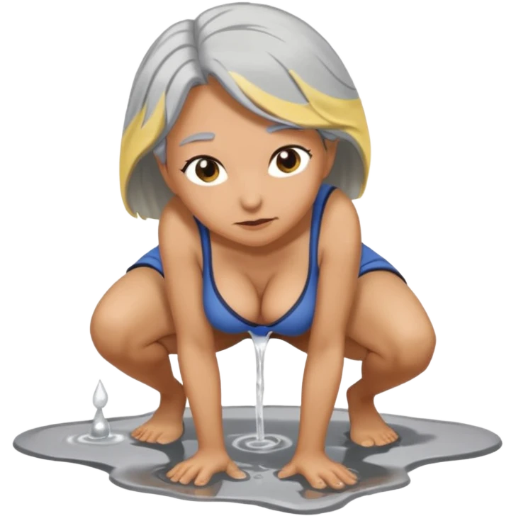 A naked woman bending over peeing on the floor leaving a puddle behind, pussy, big boob's, grey hair emoji