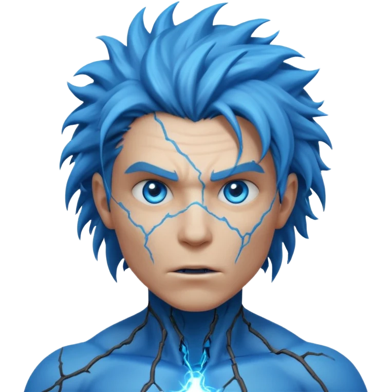 electric lab mutant portrait, head and shoulders only, glowing blue energy cracks on skin, wild hair, intense eyes, sci-fi lab accident vibe, 3D cartoon, mobile game icon style, clean background, no text, no watermark

 emoji