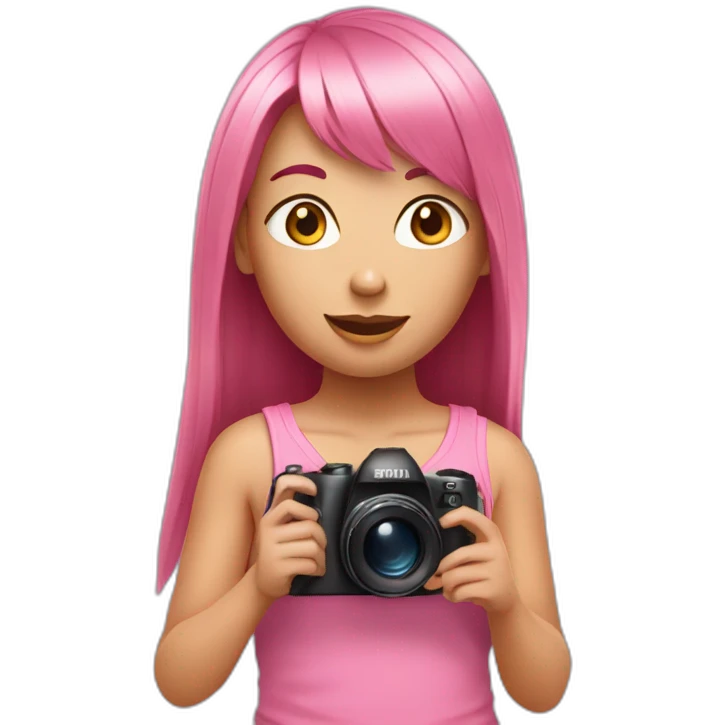 girl with long, straight rose hair with fringe and holding camera and wearing pink tank top emoji