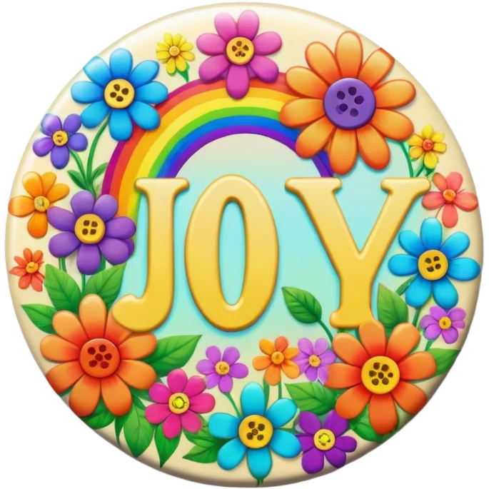 A round psychedelic colored button that says joy with rainbow colored hippie style flowers emoji