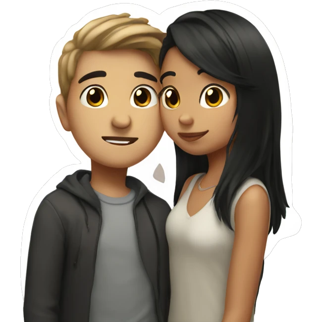 Boy with long black hair kissing girl with short brown hair emoji