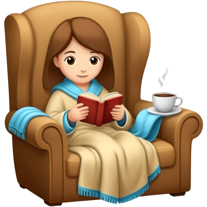 cozy reading nook with blanket, book, and hot drink emoji