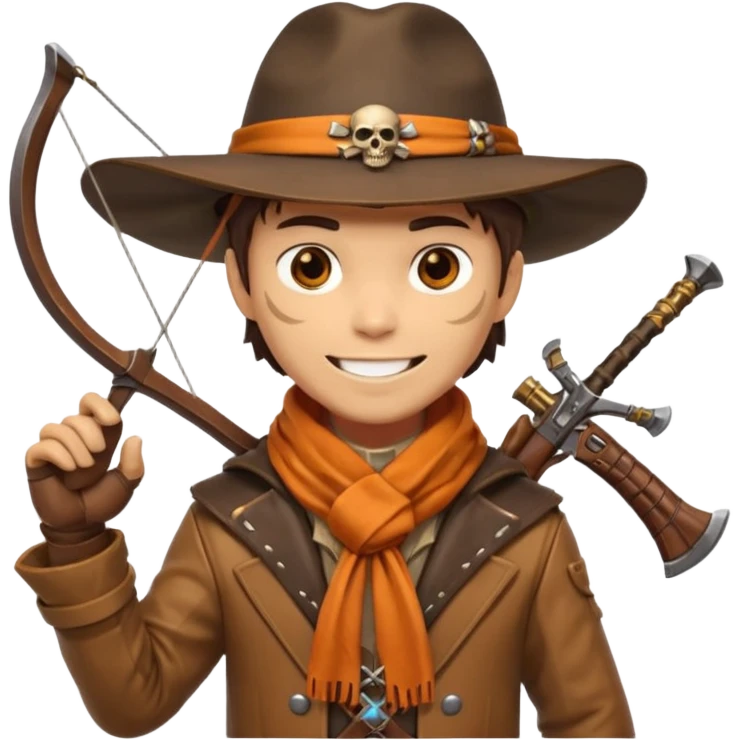 male human monster hunter emoji, wearing brown leather coat and wide hat, holding crossbow or rifle, with amulet shaped like skull, Halloween fantasy theme, confident smile, orange scarf, Apple emoji style, clean white background, square image emoji