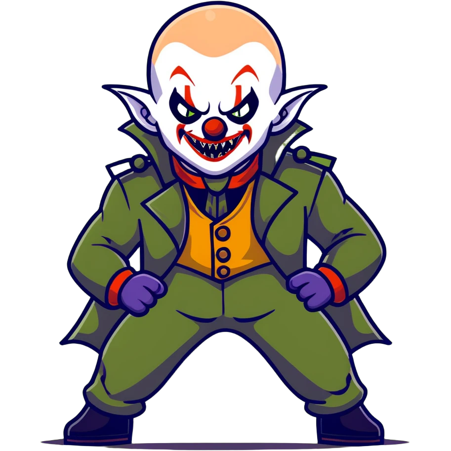 evil clown warrior, bald, small black satan-like horns on forehead, fangs, pointed ears, eye patch over one eye, long coat over black and military green leisure suit with bellbottom pants, realistically proportioned, less bulky, full body, battle-ready fighting posture emoji