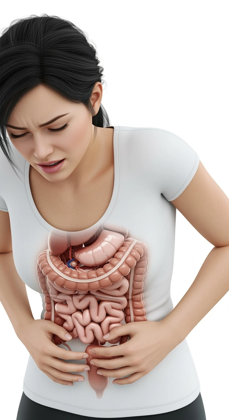 DONNA CON MAL DI PANCIA E INTESTINO UMANO ANATOMICO VISIBILE, IPERREALISTICO 4K, SFONDO BIANCO emoji