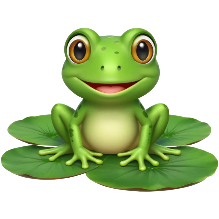 A cute 3D cartoon frog sitting on a lily pad, bright green skin, big friendly eyes, smiling face, soft natural lighting, Memoji-style rendering. emoji